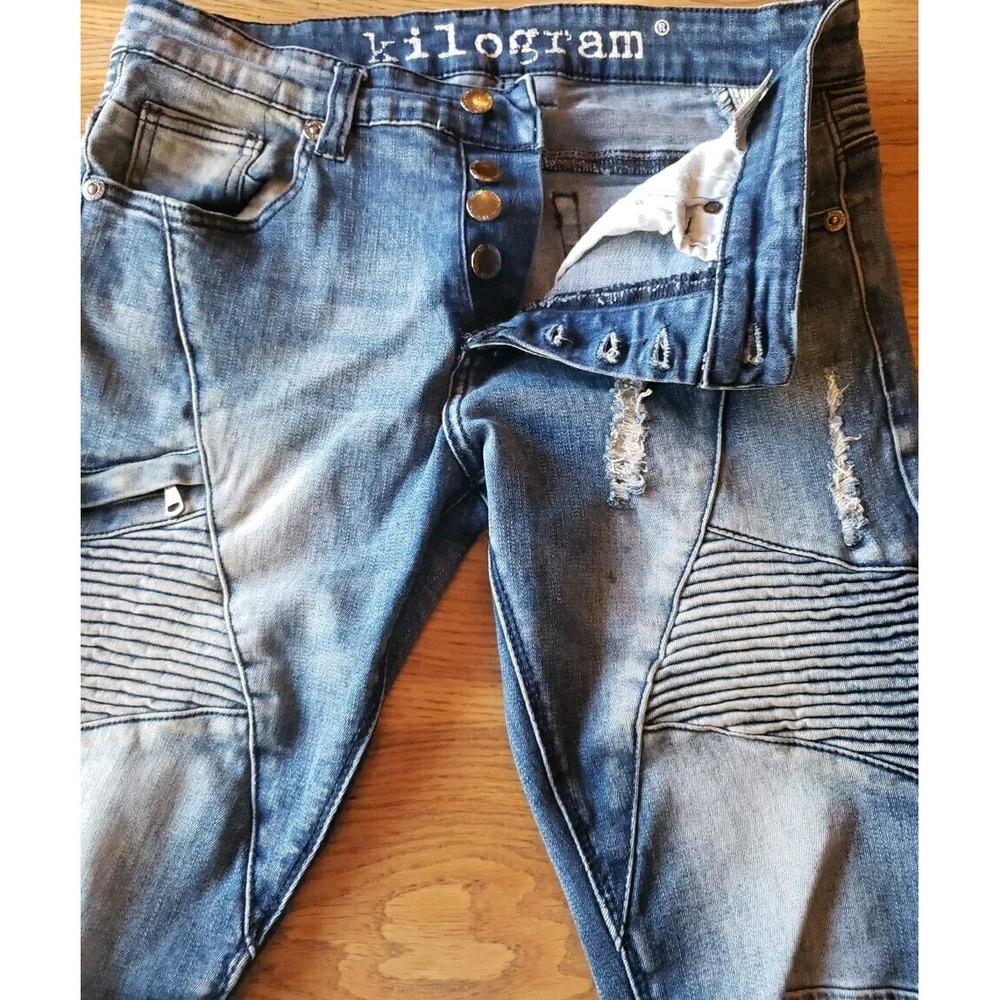 Kilogram Mens Moto Jeans Light Blue Distressed Button Fly Stretch EUC 32 x‎ 32